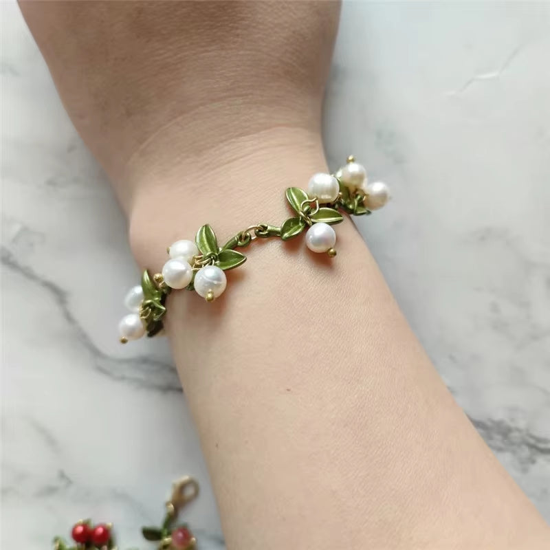 2020 NEW Elegant Retro Freshwater Pearls Plant White Bell Orchid Leaves Flowers Bracelet for Women Party Jewelry Gift