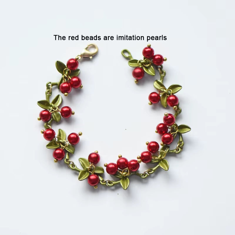 New Spring Plant Bracelets Vintage Stone Beads Berry Blueberry Leaves Bracelet Bangles and Necklace for Women Party Jewelry