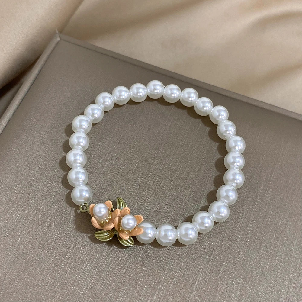Elegant Bell Orchids Choker Necklaces for Women White Flowers Green Enamel Plant Pearl Necklace Wedding Jewelry Gift