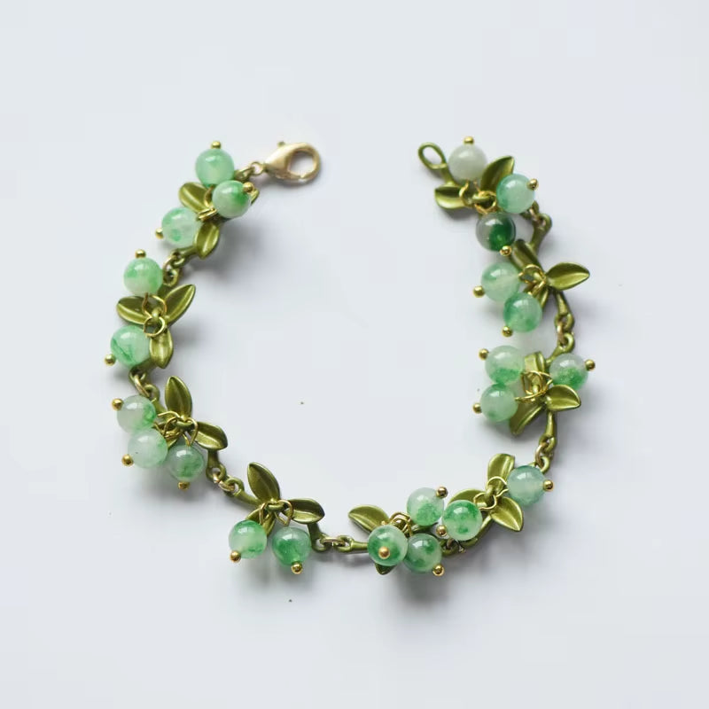 New Spring Plant Bracelets Vintage Stone Beads Berry Blueberry Leaves Bracelet Bangles and Necklace for Women Party Jewelry