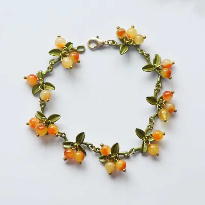 New Spring Plant Bracelets Vintage Stone Beads Berry Blueberry Leaves Bracelet Bangles and Necklace for Women Party Jewelry