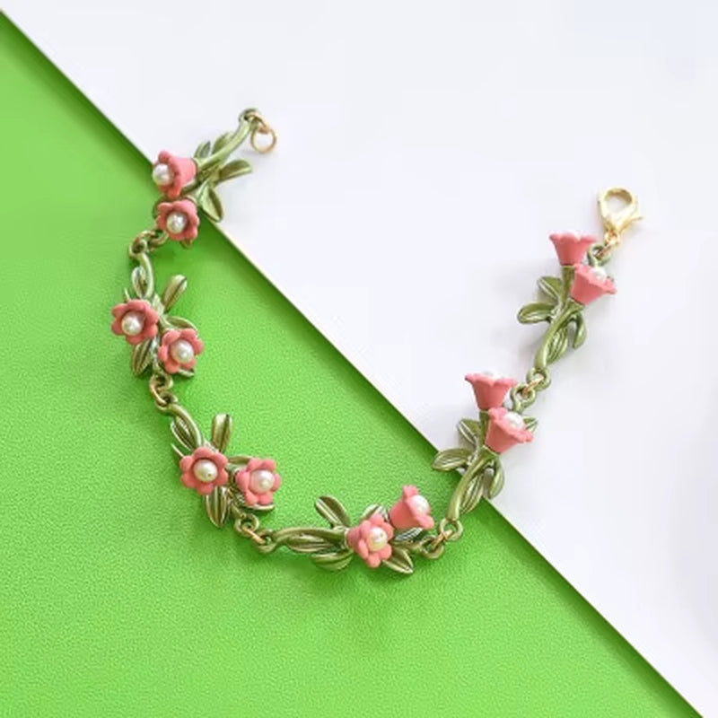 2020 NEW Elegant Retro Freshwater Pearls Plant White Bell Orchid Leaves Flowers Bracelet for Women Party Jewelry Gift