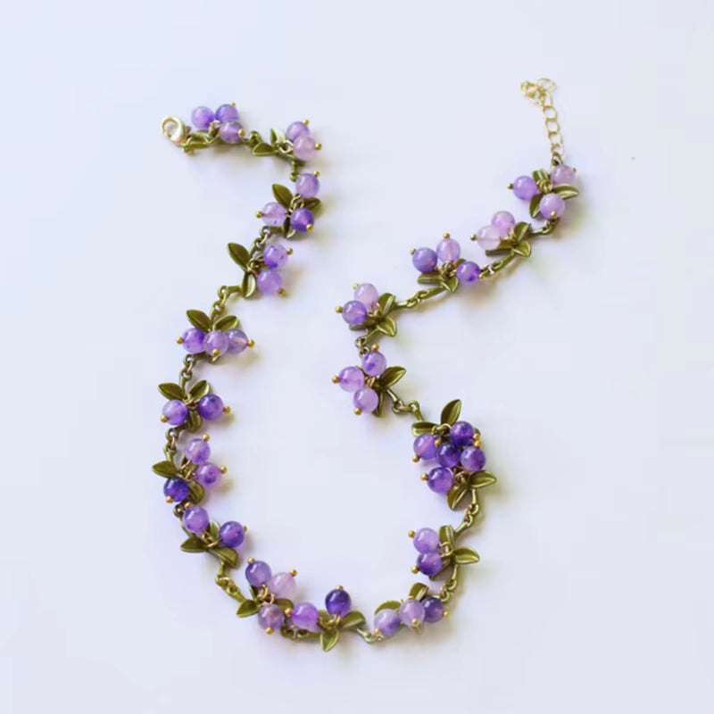 New Spring Plant Bracelets Vintage Stone Beads Berry Blueberry Leaves Bracelet Bangles and Necklace for Women Party Jewelry
