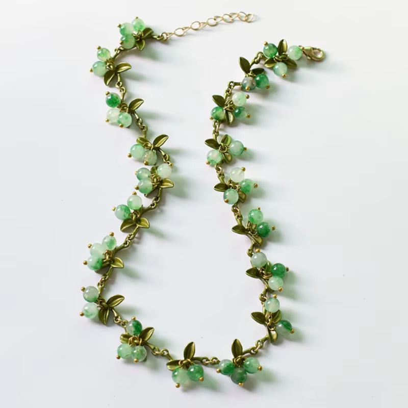 New Spring Plant Bracelets Vintage Stone Beads Berry Blueberry Leaves Bracelet Bangles and Necklace for Women Party Jewelry
