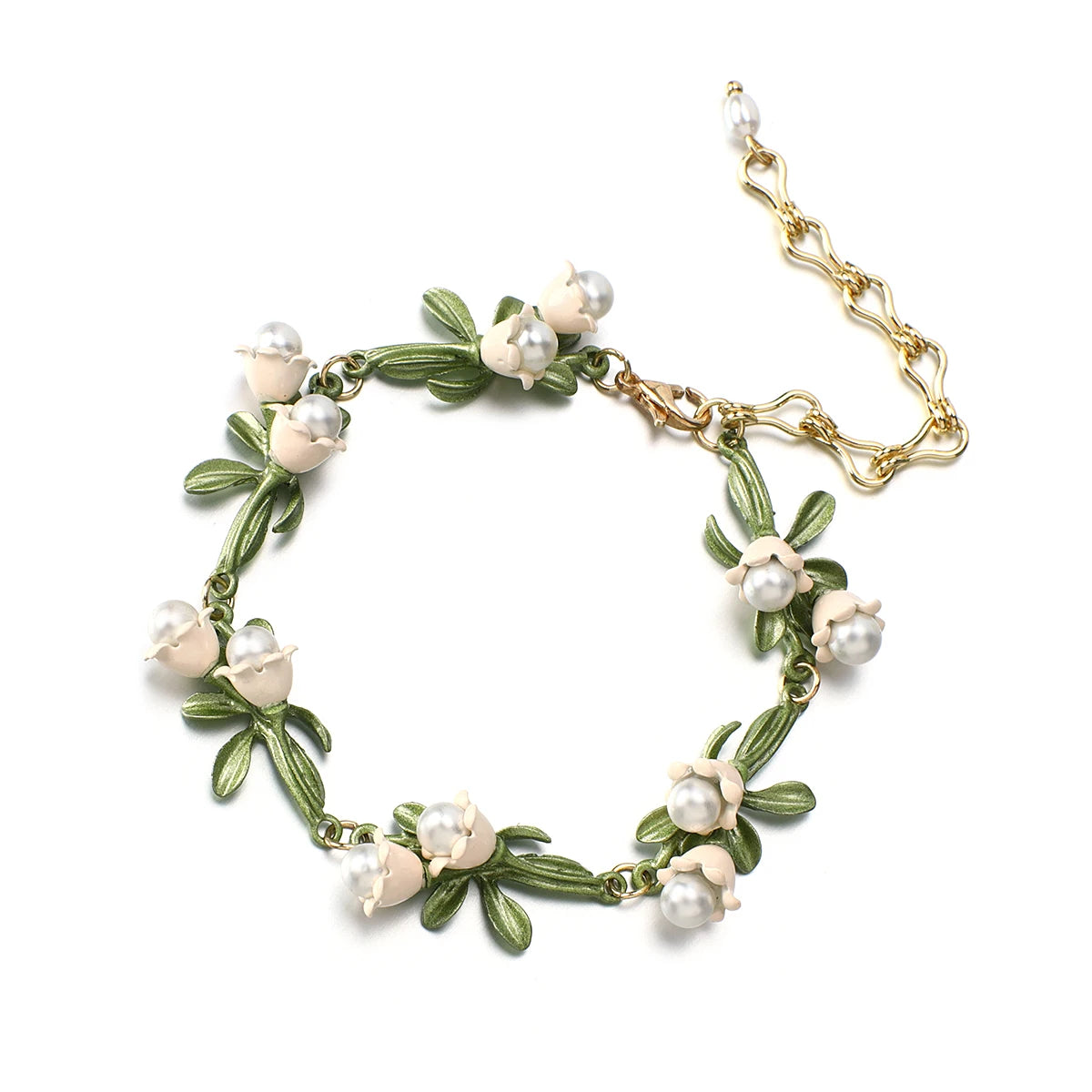 Elegant Bell Orchids Choker Necklaces for Women White Flowers Green Enamel Plant Pearl Necklace Wedding Jewelry Gift