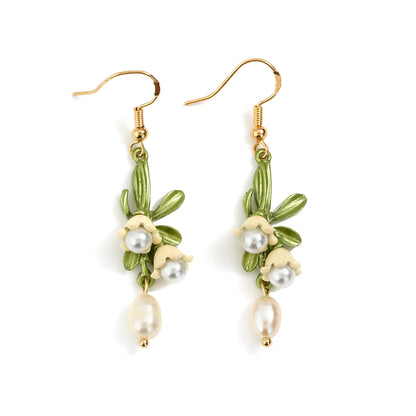 Elegant Bell Orchids Choker Necklaces for Women White Flowers Green Enamel Plant Pearl Necklace Wedding Jewelry Gift