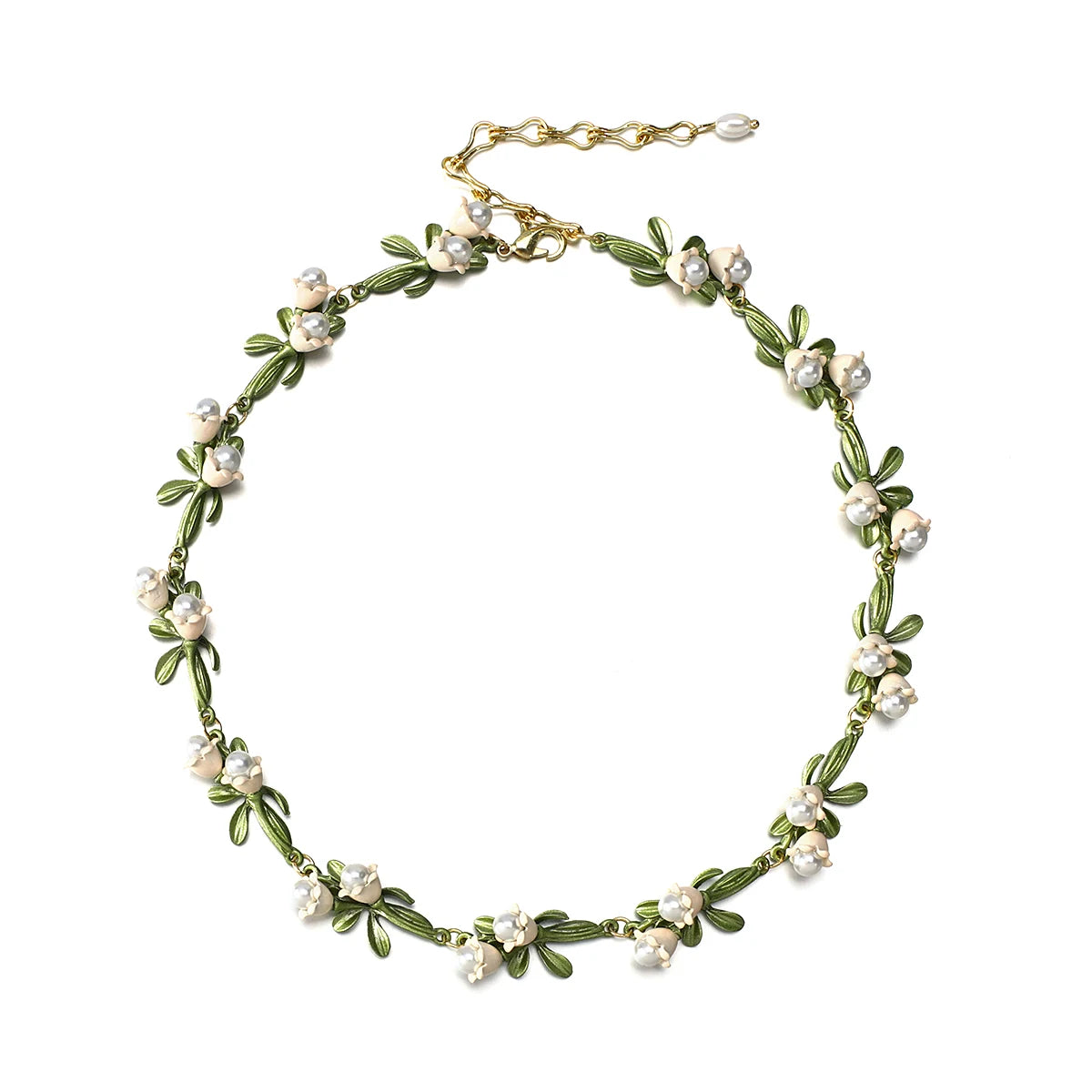 Elegant Bell Orchids Choker Necklaces for Women White Flowers Green Enamel Plant Pearl Necklace Wedding Jewelry Gift