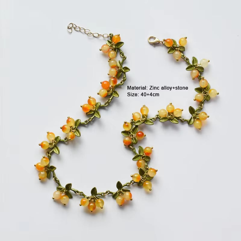 New Spring Plant Bracelets Vintage Stone Beads Berry Blueberry Leaves Bracelet Bangles and Necklace for Women Party Jewelry