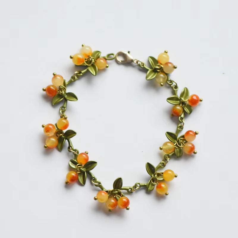 New Spring Plant Bracelets Vintage Stone Beads Berry Blueberry Leaves Bracelet Bangles and Necklace for Women Party Jewelry