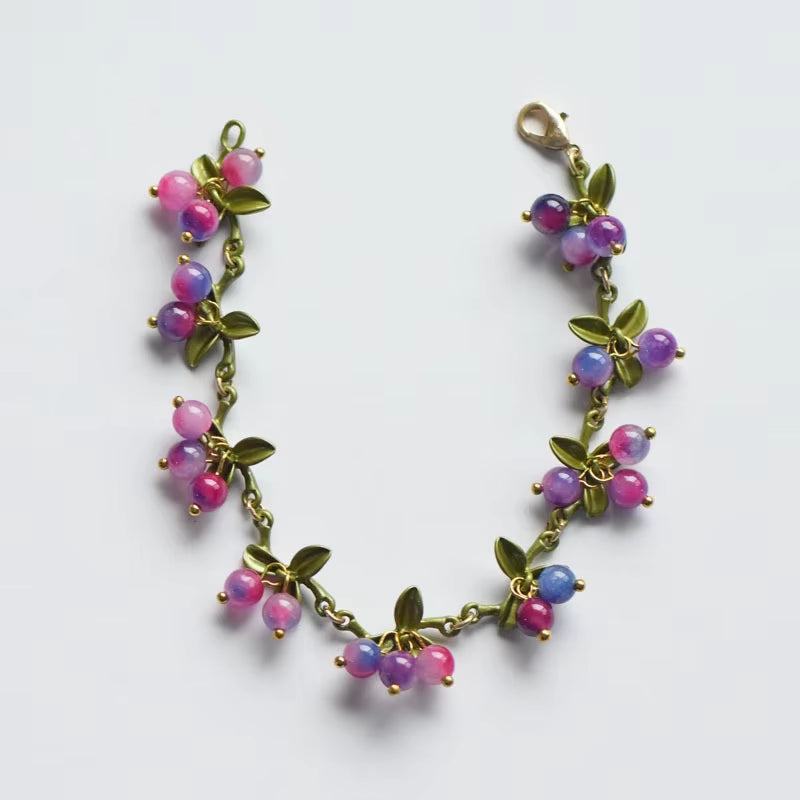 New Spring Plant Bracelets Vintage Stone Beads Berry Blueberry Leaves Bracelet Bangles and Necklace for Women Party Jewelry